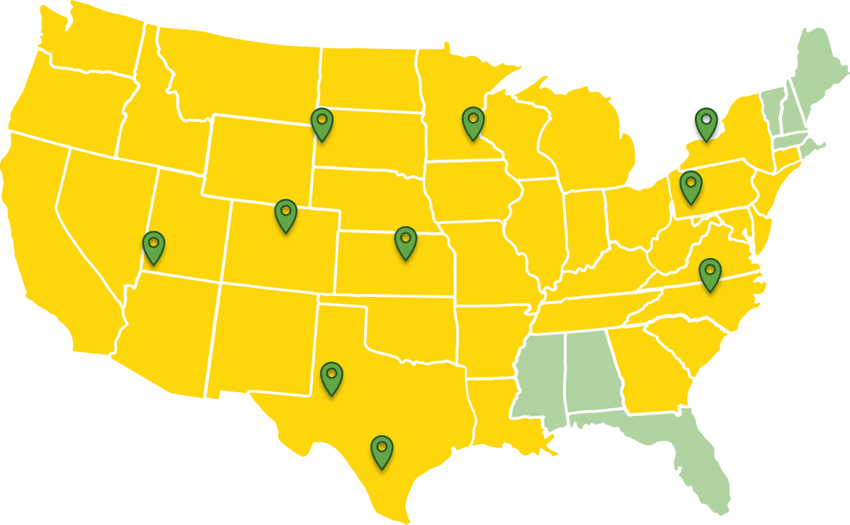 Map of the continental US states showing the locations and service areas of the SurfaceCycle family of companies.